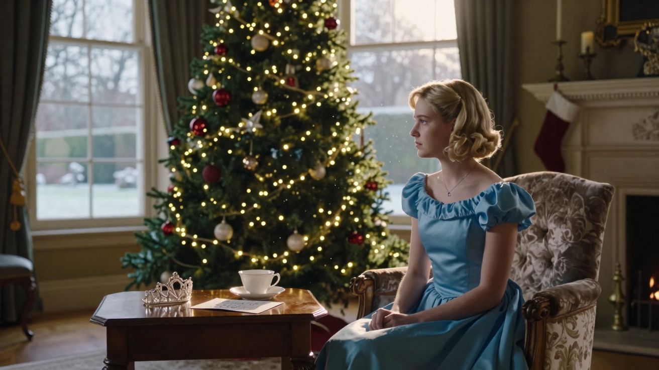 Fată în rochie albastră stând pe un fotoliu lângă un brad de Crăciun decorat cu luminițe.