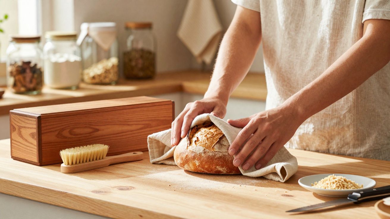 Persoană înfășurând pâine proaspăt coaptă într-un șervet pe o masă de lemn în bucătărie.