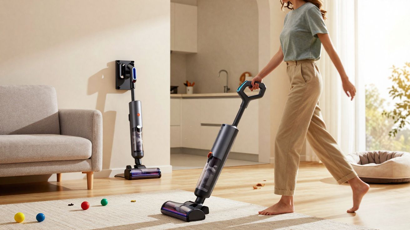 Femeie aspirând podeaua într-un living modern cu aspirator vertical fără fir lângă canapea și jucării colorate pe covor.