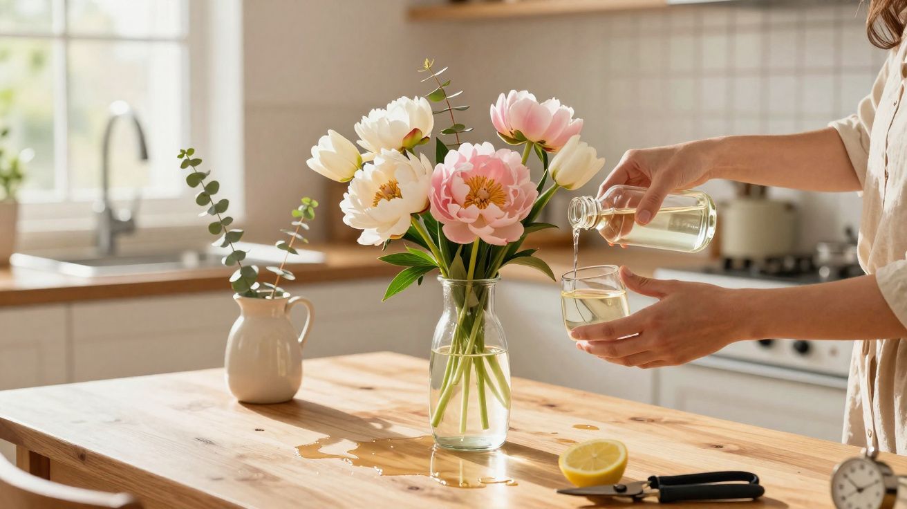 Buchet de flori roz și albe pe o masă de lemn în bucătărie, cu mână turnând lichid într-un pahar.