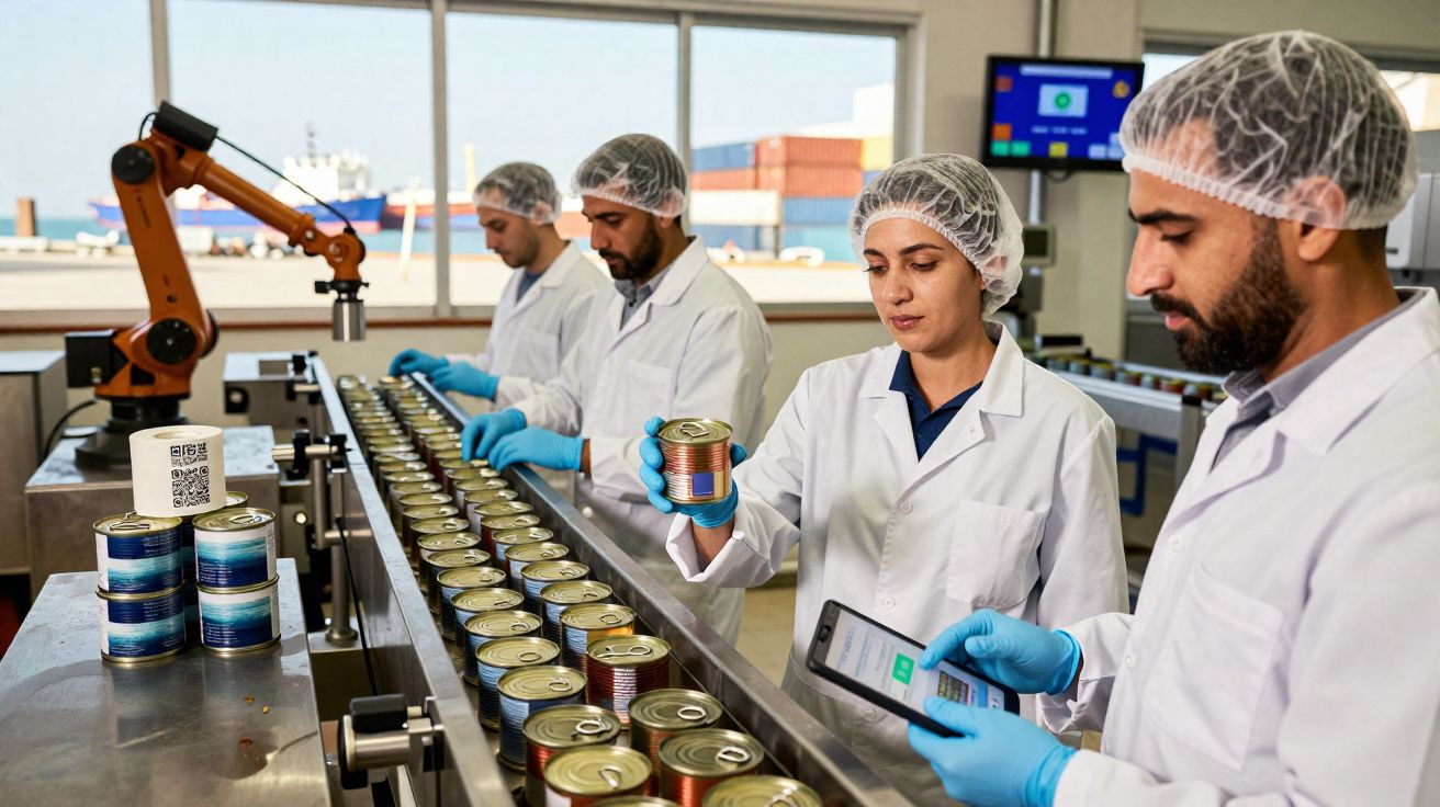 Lucrători în halate albe inspectând conserve pe o linie de producție într-o fabrică modernă.