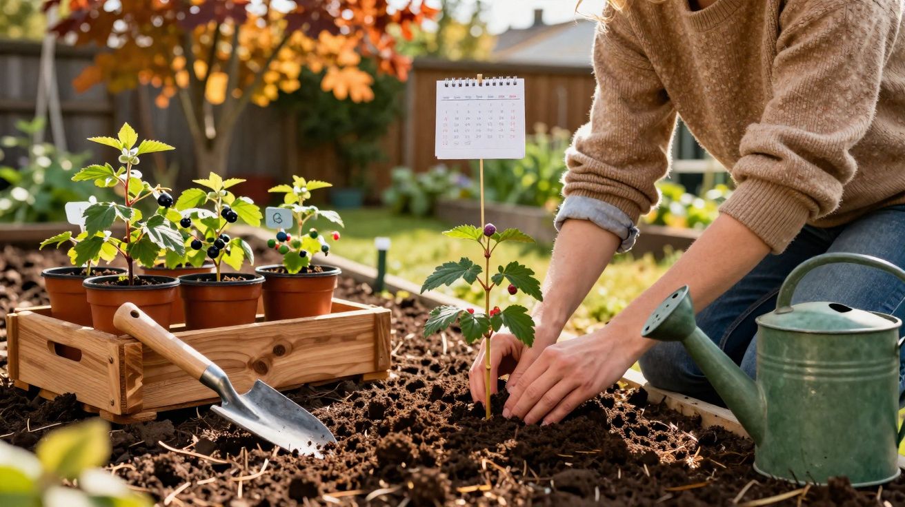 Persoană plantând o plantă în grădină, lângă ghivece cu plante, lopată și stropitoare pe solul pregătit.