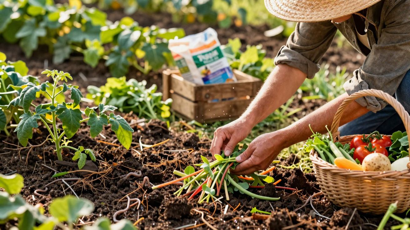 Muncitor în grădină culegând legume proaspete printre plante și un coș cu roșii, morcovi și cartofi.