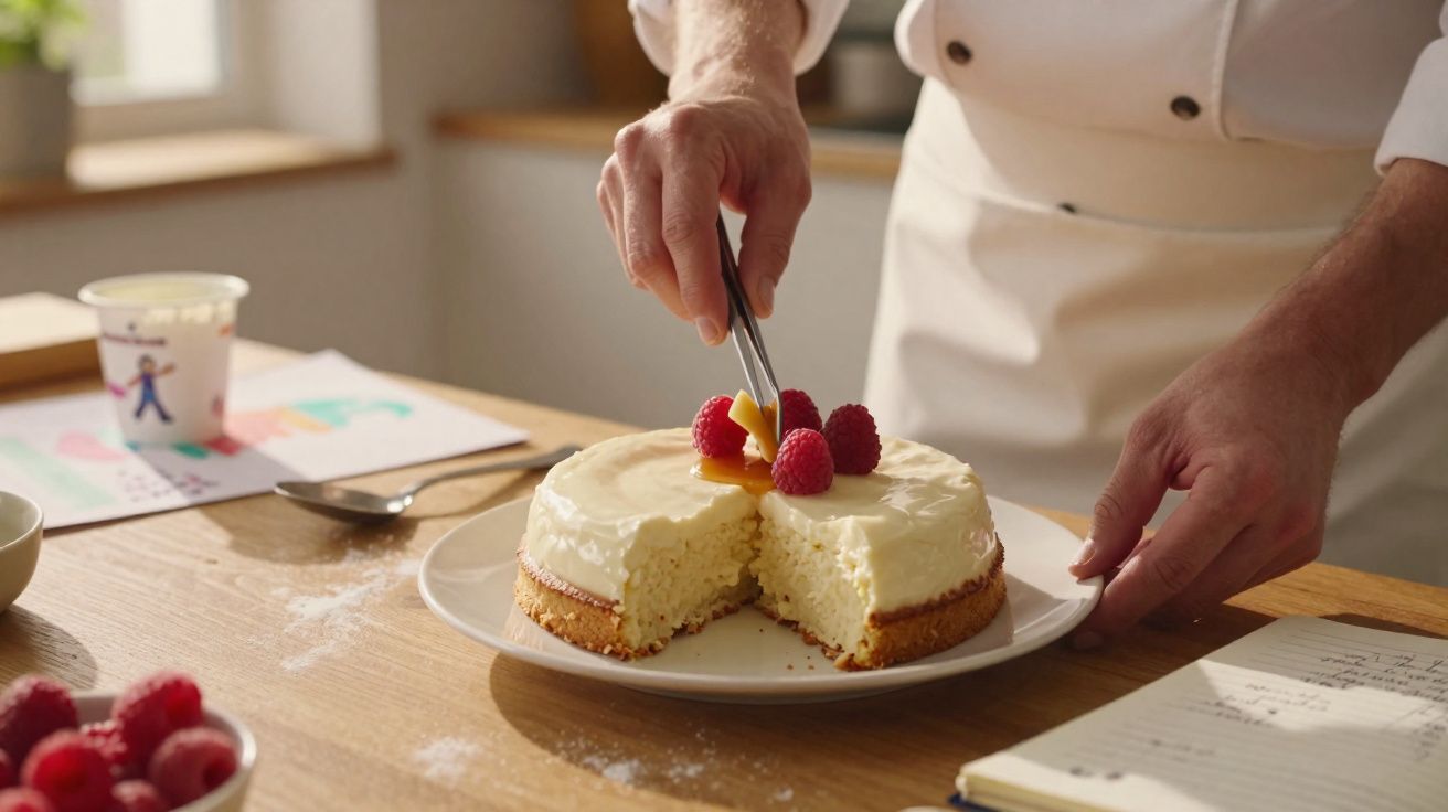 Bucătar decorează tort cu cremă albă și zmeură, în bucătărie luminoasă, pe masă de lemn.