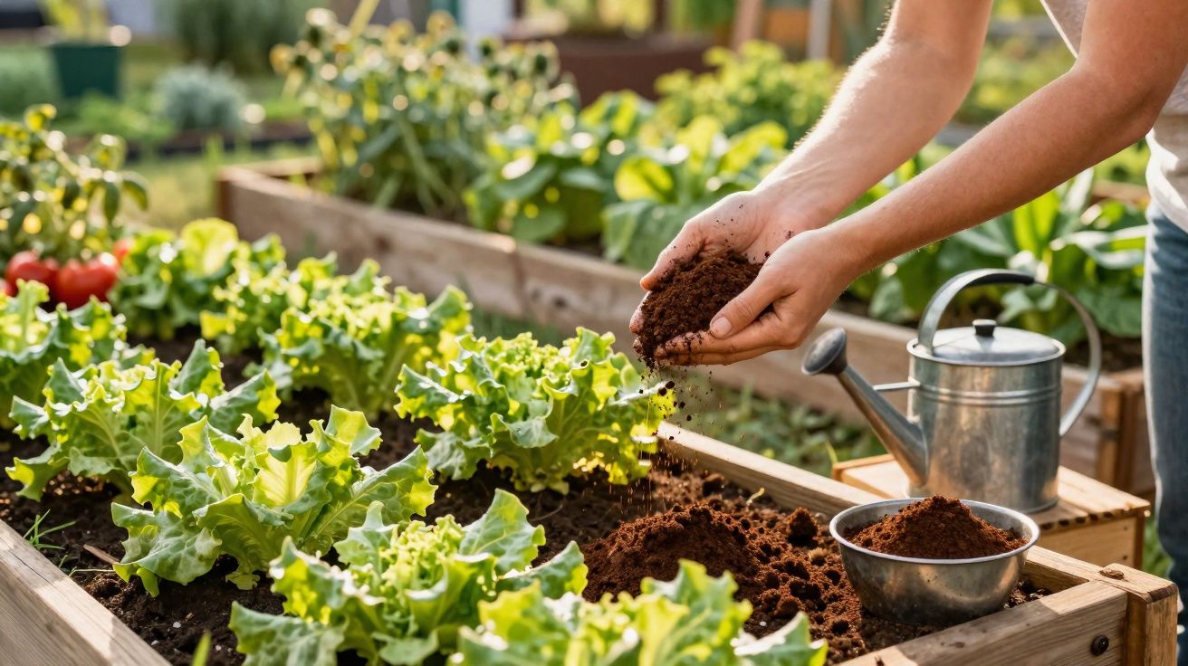 Mâini adăugând pământ în grădina cu salată verde, udător metalic și recoltă în fundal.
