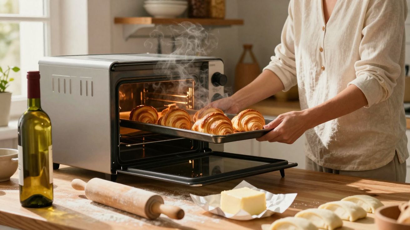 Persoană scoate un tavă cu croissante aburinde dintr-un cuptor electric într-o bucătărie luminoasă.