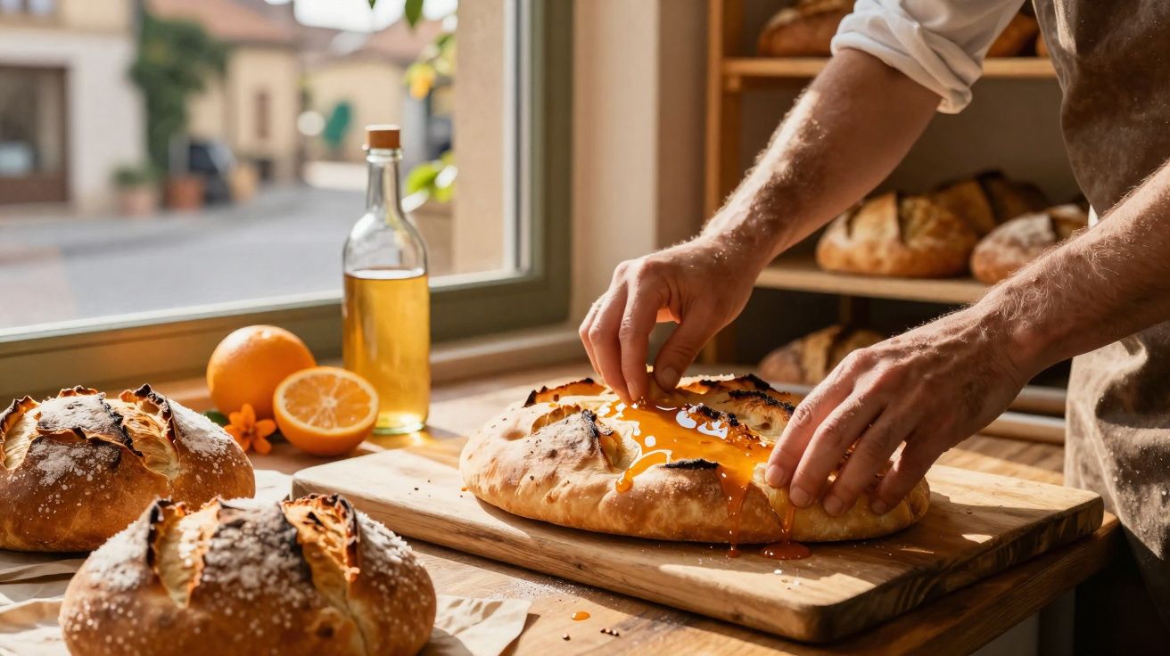 Mâini care ung pâine proaspătă cu miere într-o brutărie luminoasă, pe fundal fructe și sticlă cu ulei.