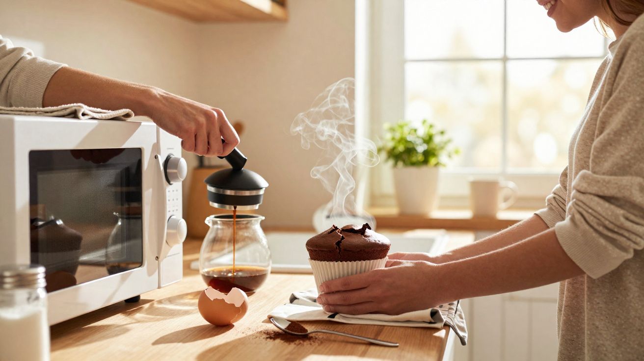 Două persoane pregătind cafea proaspătă și un muffin cald pe o masă în bucătărie luminoasă.