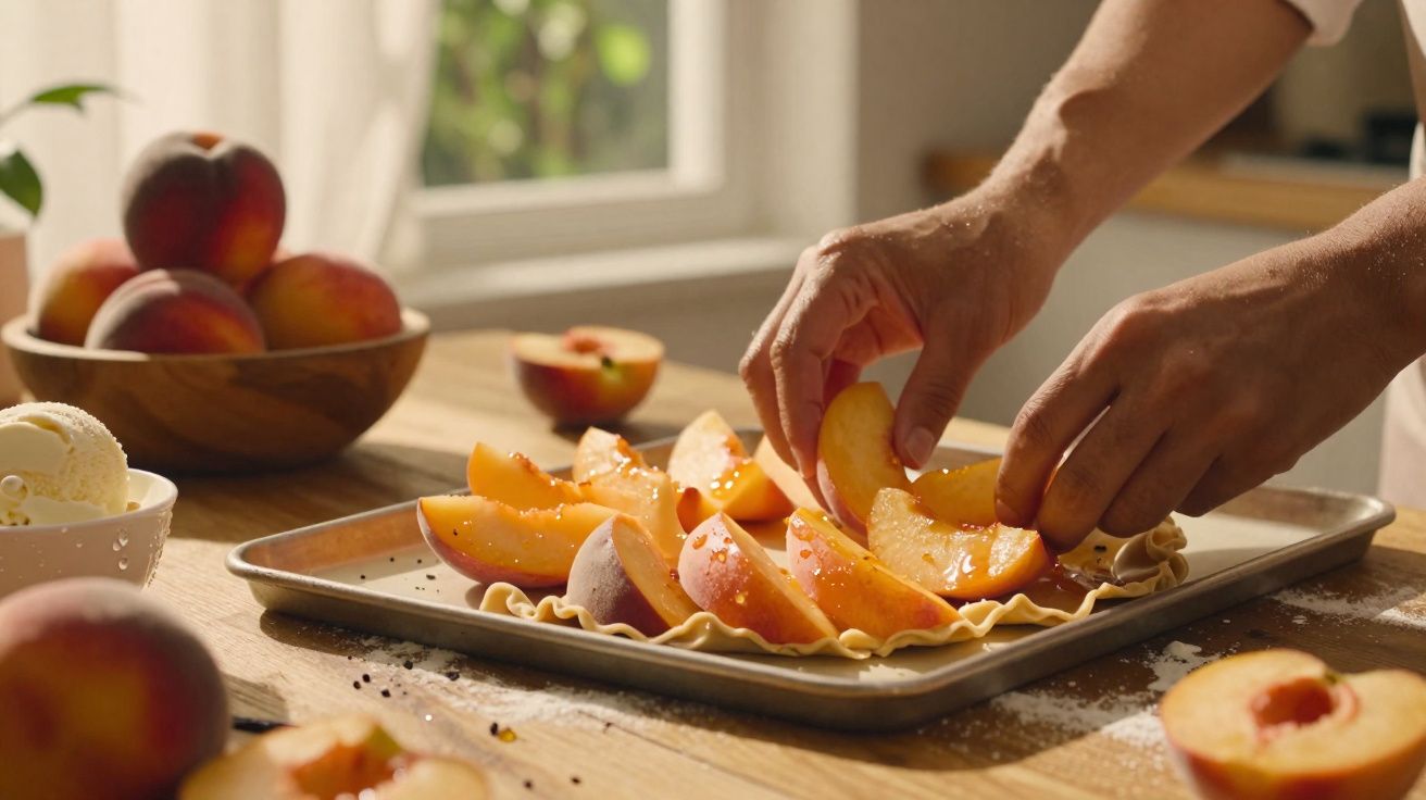 Mâini așezând felii de piersică pe aluat într-o tavă de copt pe o masă de lemn, lumina naturală intră pe fereastră.