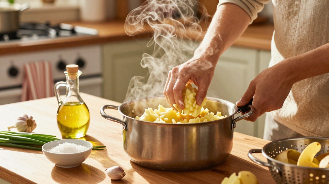 Persoană adăugând cartofi fierți într-o oală aburindă într-o bucătărie luminoasă și modernă.