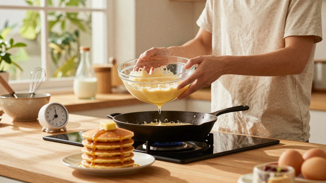 Persoană toarnă aluat de clătite într-o tigaie pe aragaz, cu un teanc de clătite cu unt și sirop pe masă.