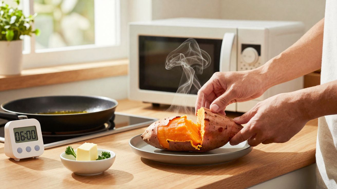 Mâini desfăcând un cartof dulce aburind, fiert, pe o farfurie în bucătărie modernă.