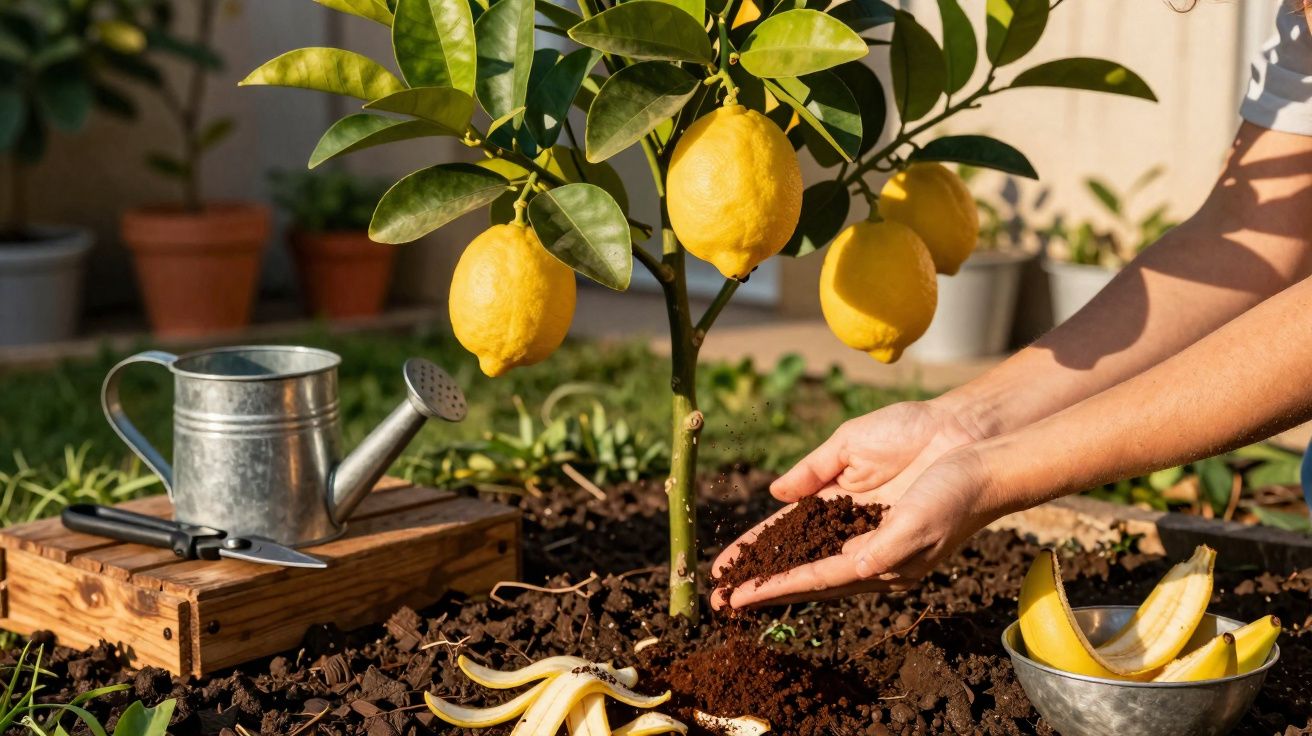 Mâini adăugând pământ la baza unui copac de lămâi în grădină, cu un recipient de apă și fructe în fundal.