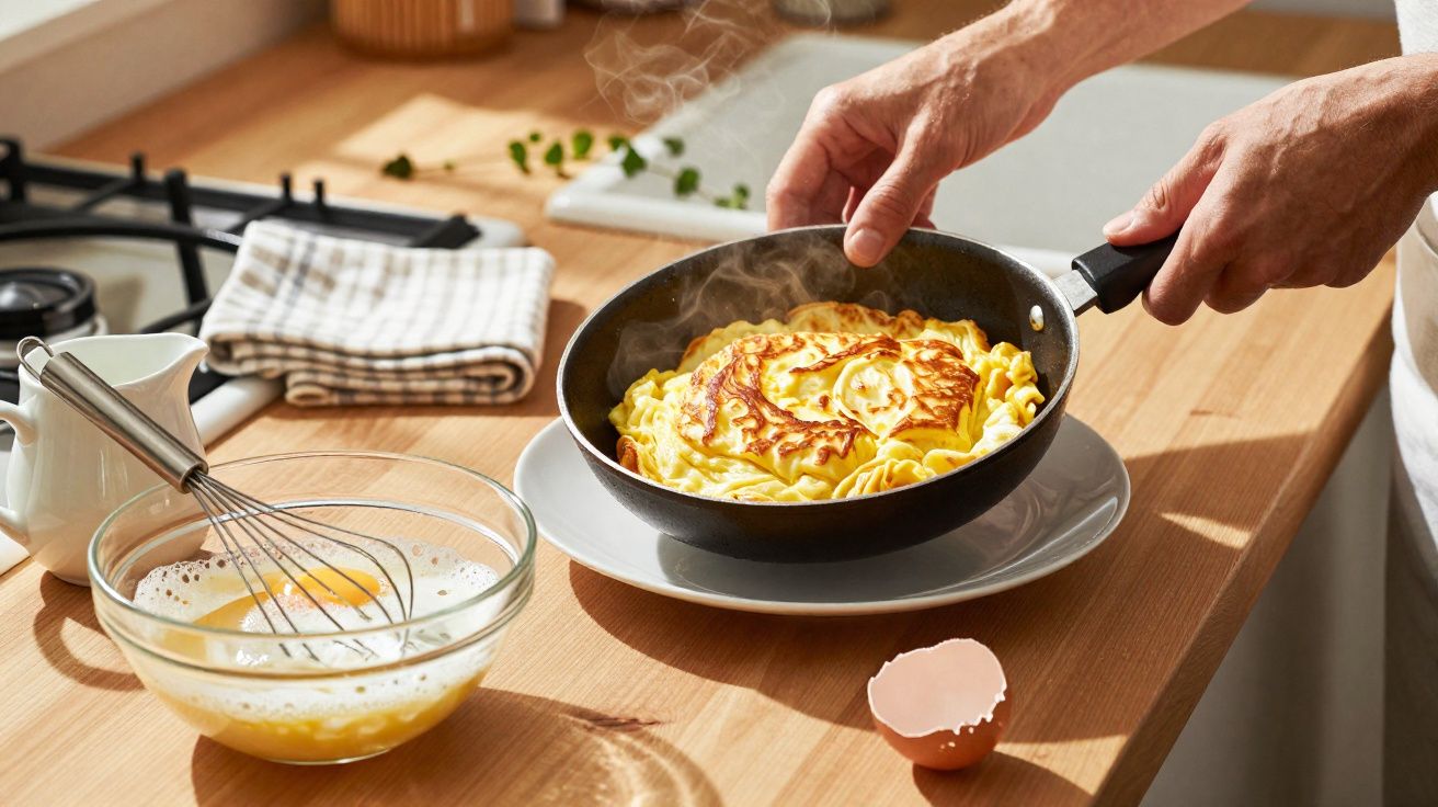 Mână ținând tigaia cu clătită aurie aburindă, alături de bol cu ou bătut și coajă de ou pe masă.