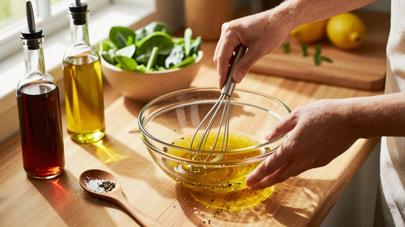 Persoană amestecând ulei și condimente cu un tel într-un bol de sticlă pe masa de bucătărie lângă verdețuri.