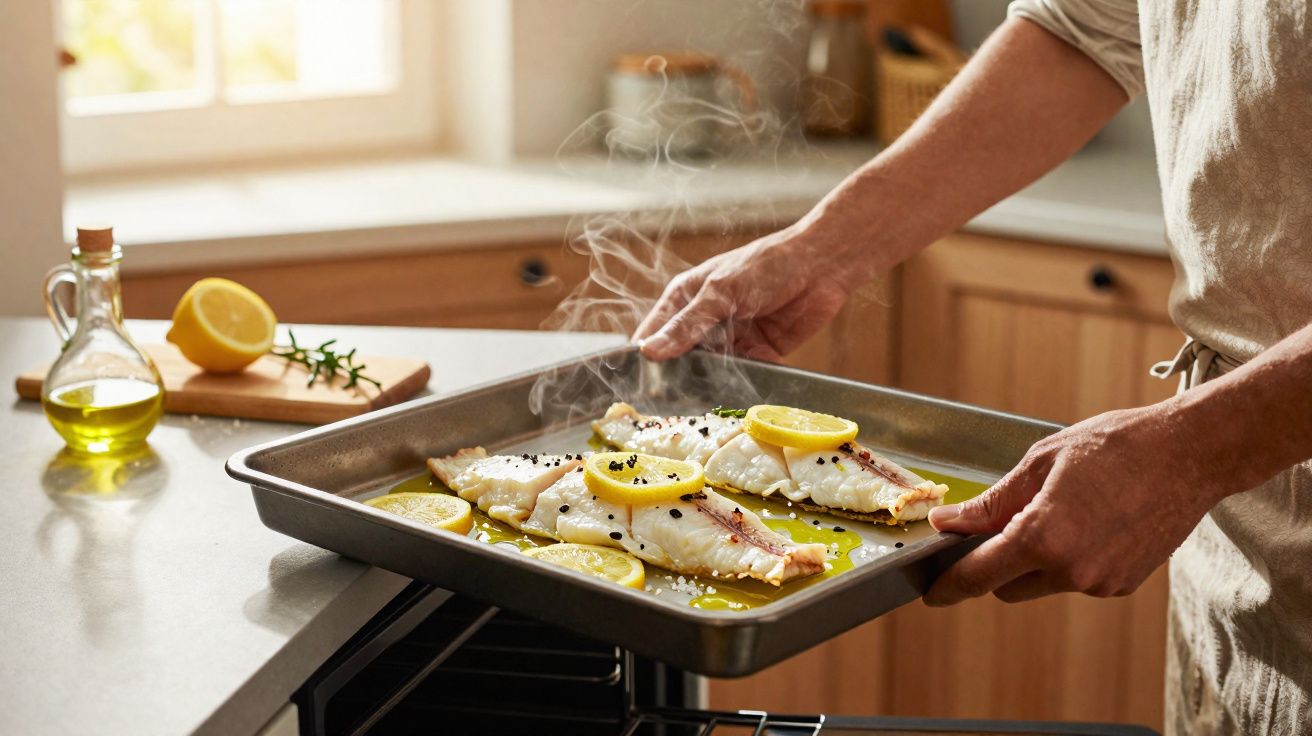 Persoană scoate din cuptor tavă cu pește la abur, garnisit cu felii de lămâie și ulei de măsline.
