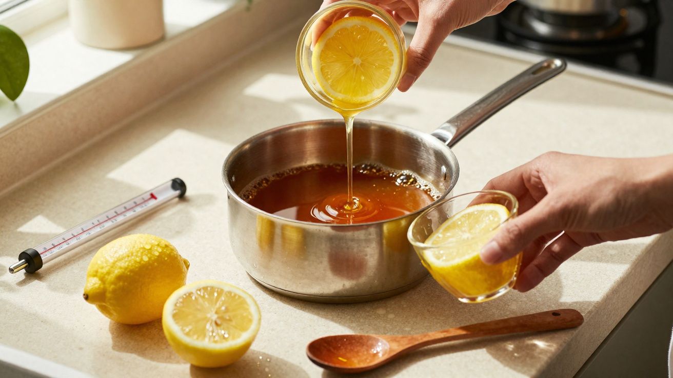 Mână toarnă suc de lămâie într-o oală cu lichid, lângă lămâi tăiate și termometru pe blat.
