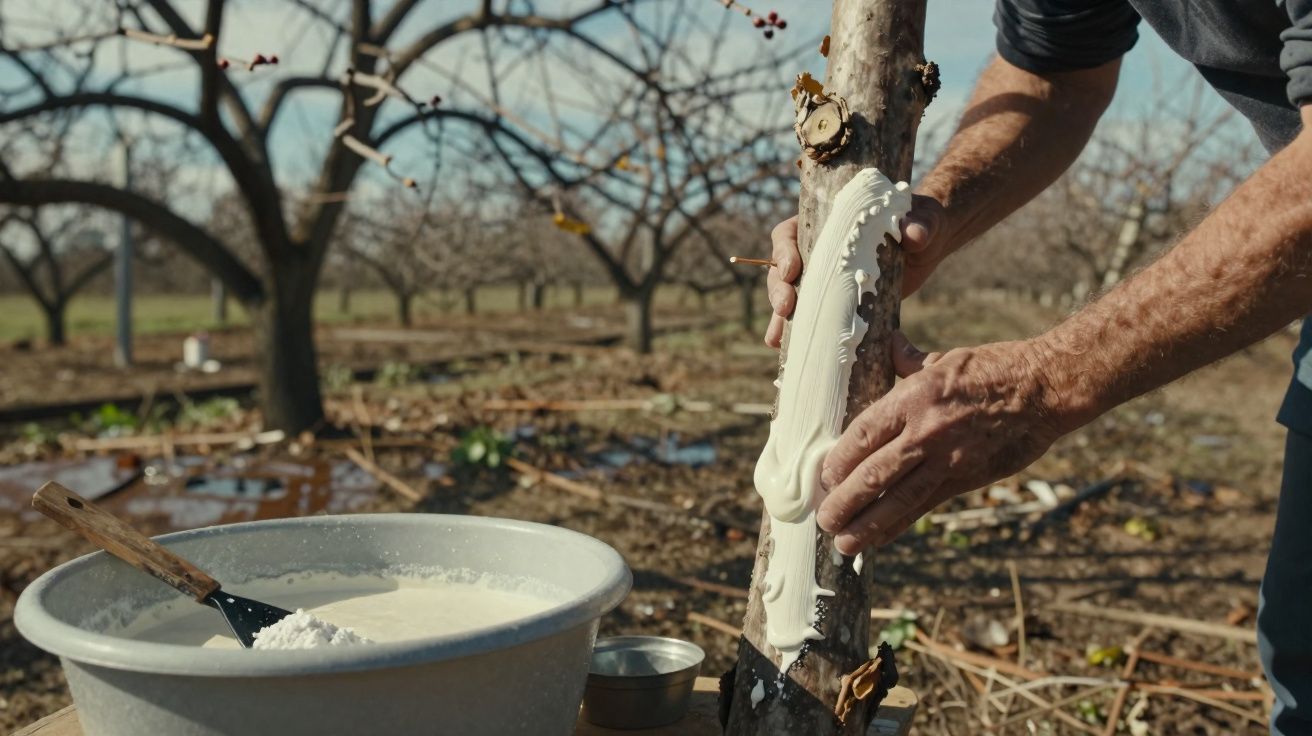 Aplicarea unui strat de var pe trunchiul unui pom în livadă în sezonul rece.