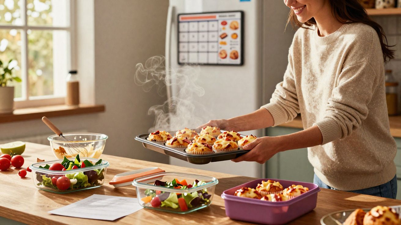 Femeie zâmbitoare scoate brioșe calde din cuptor în bucătărie luminoasă cu salate pe masă.