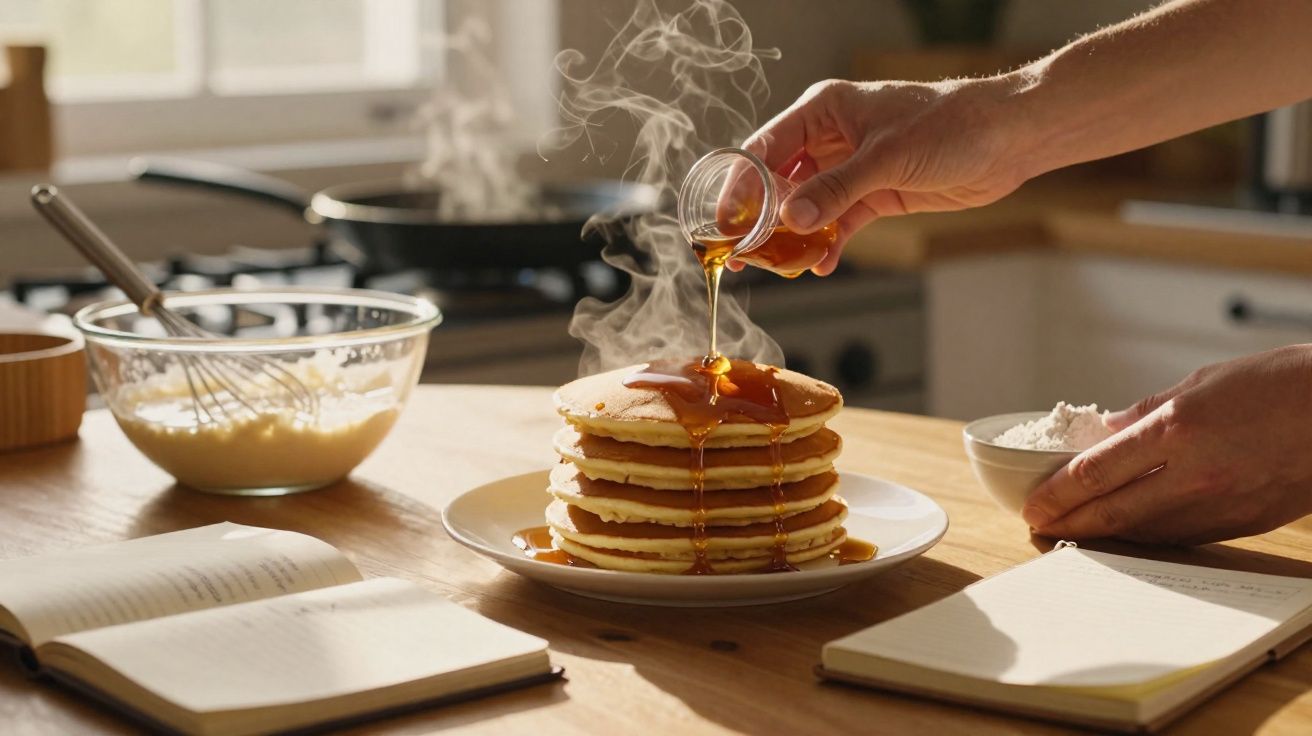 Clătite aburinde pe farfurie, cu sirop turnat deasupra, pe o masă cu boluri și cărți deschise.