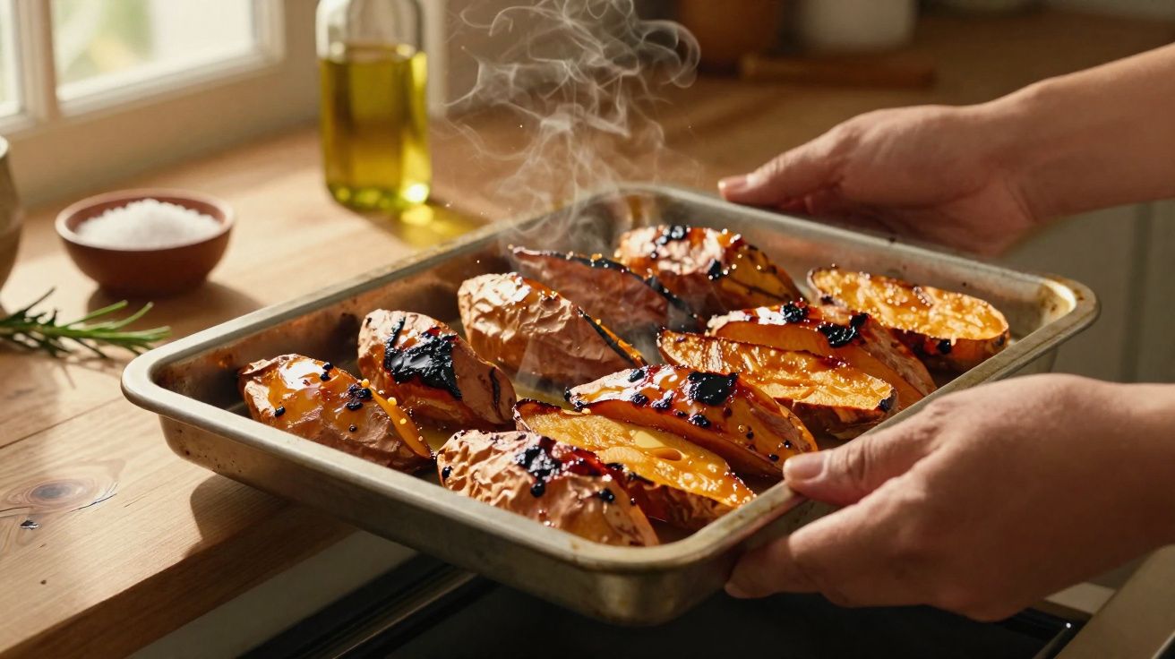 Tava cu cartofi copți fierbinți cu coajă rumenită scoasă din cuptor, ținută de două mâini.