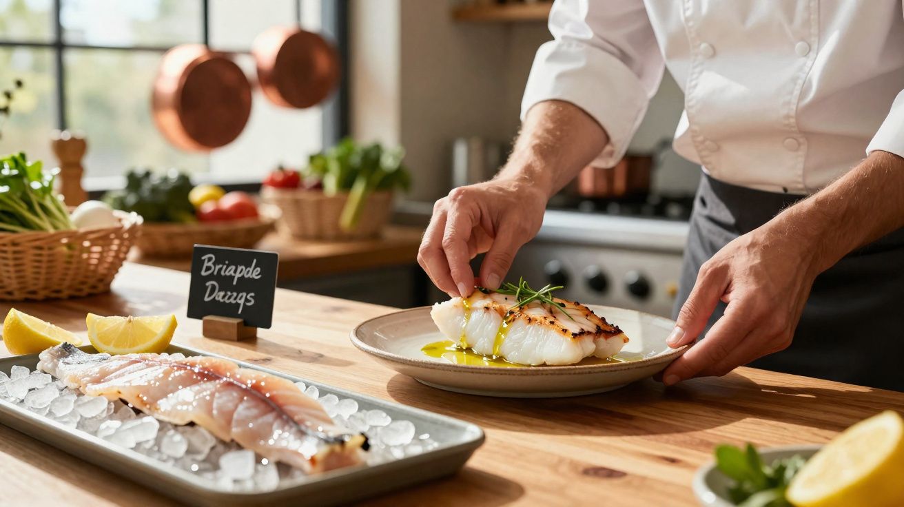 Bucătar așezând un file de pește pe o farfurie, decorat cu ierburi proaspete, într-o bucătărie modernă.