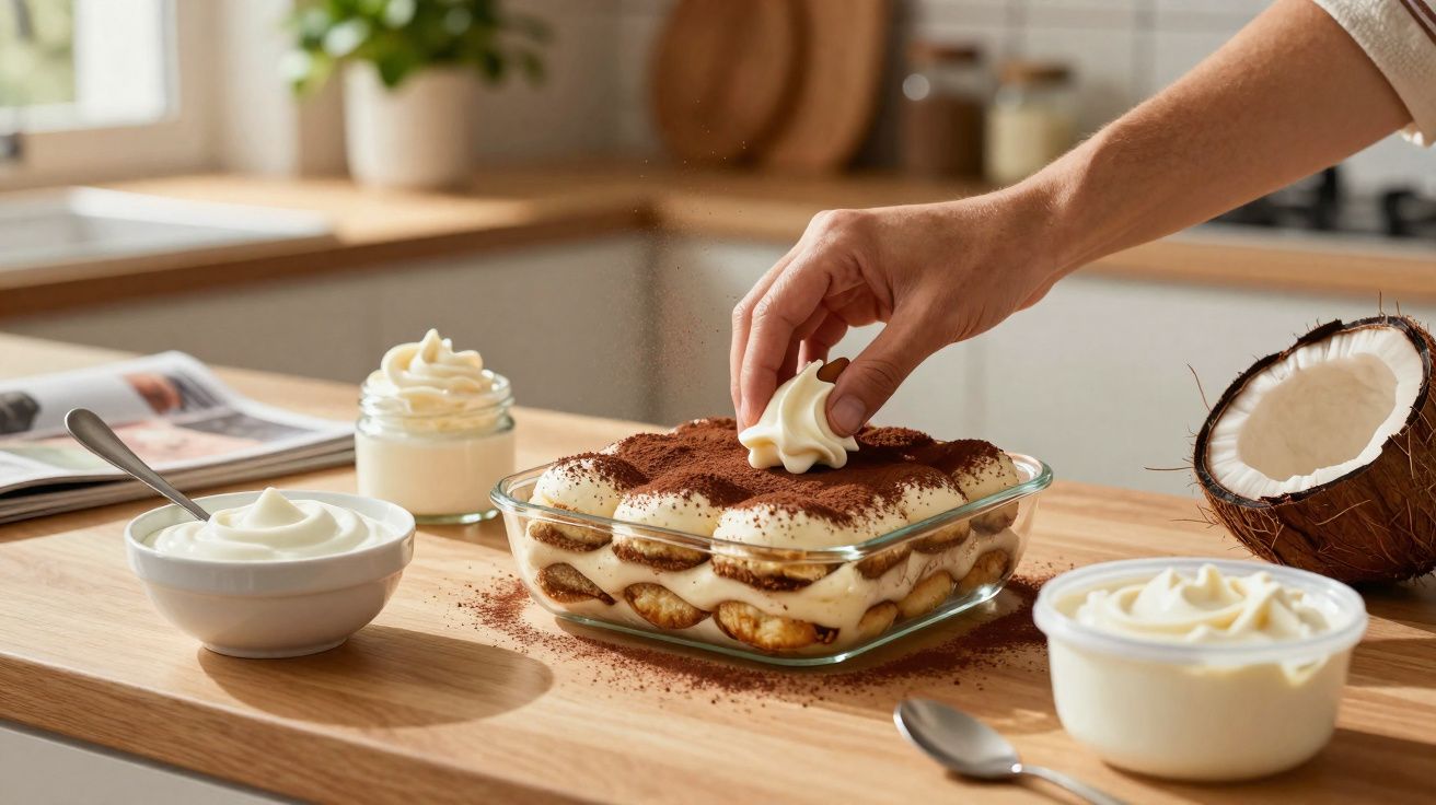 Mână adaugând frișcă pe tiramisu într-un vas de sticlă, pe o masă cu cocos și boluri cu cremă.
