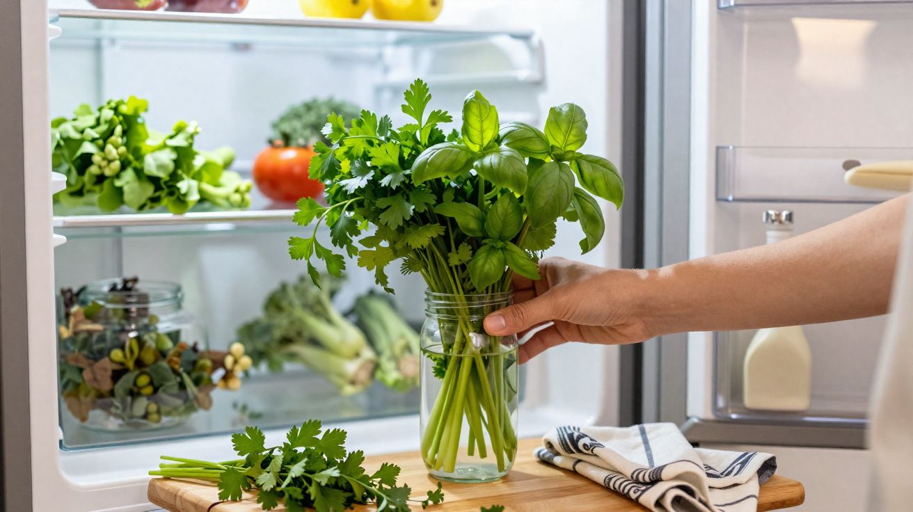Mână care pune un borcan cu ierburi proaspete într-un frigider luminos, cu legume în fundal.