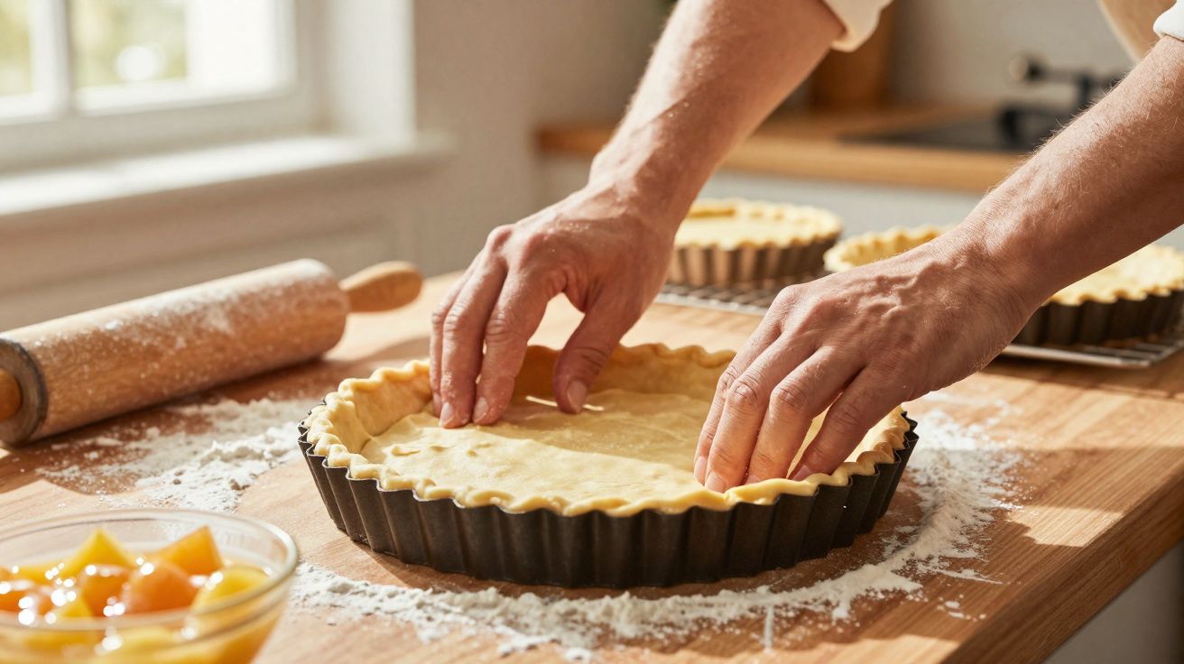 Mâini care așază aluat într-o tavă pentru tartă pe o masă cu făină și un sucitor în fundal.