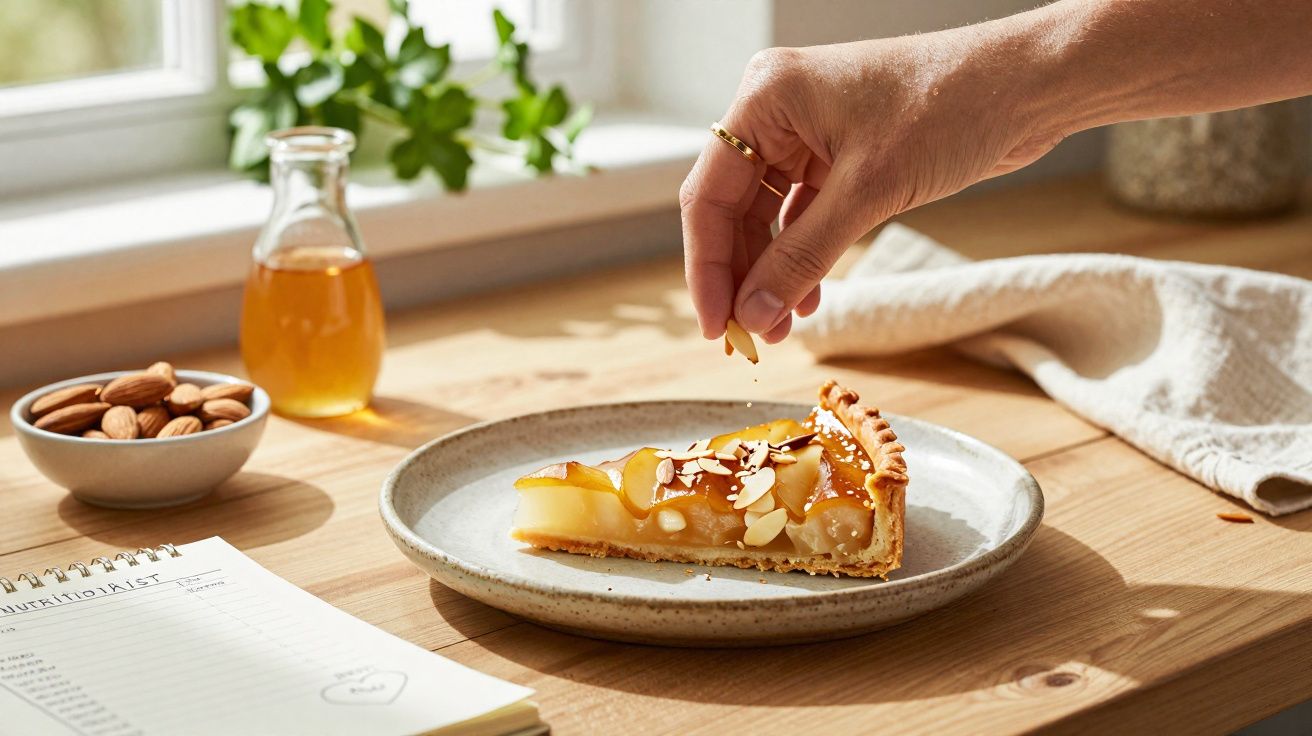 Felie de plăcintă cu mere și migdale stropită de o mână, pe farfurie într-un decor luminos de bucătărie.