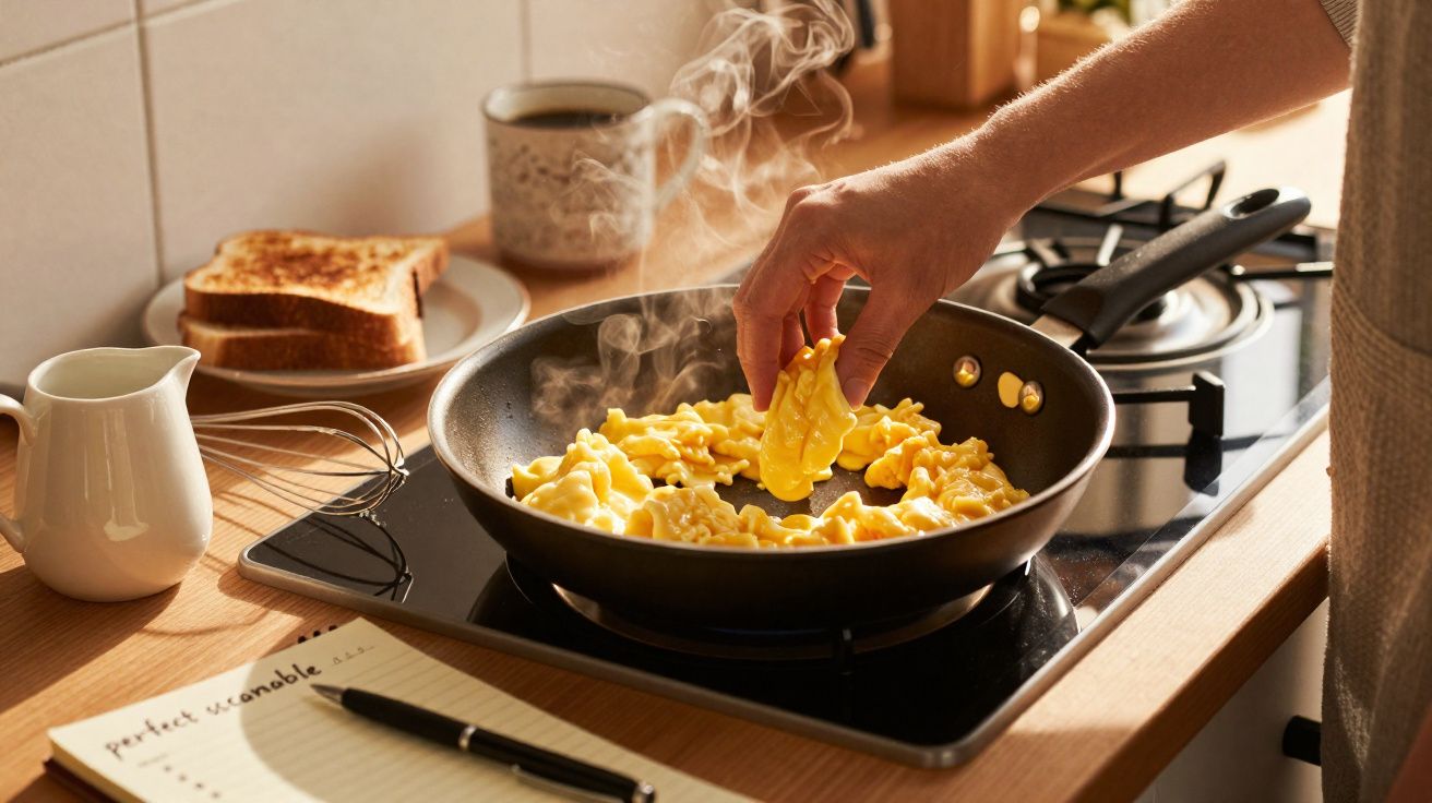 Mână pune ouă bătute într-o tigaie încinsă, cu pâine prăjită și cafea pe fundal în bucătărie.