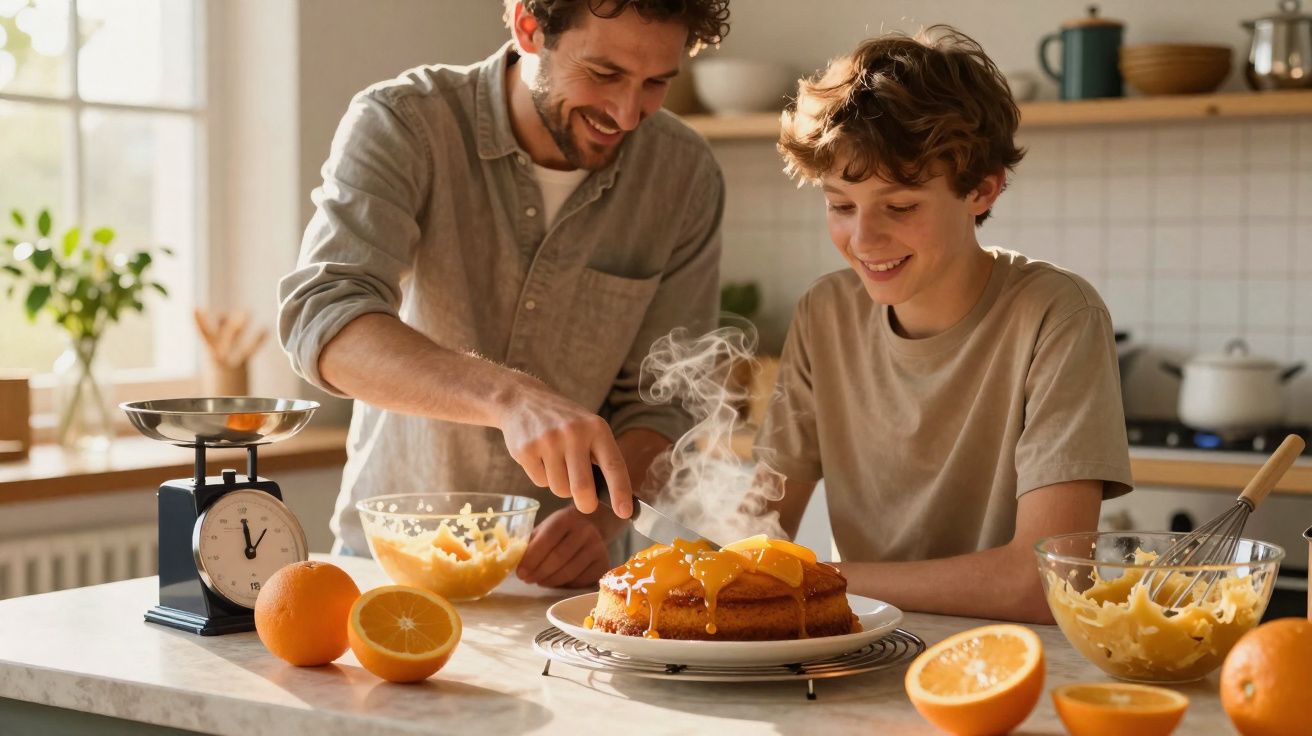 Bărbat și băiat gătesc împreună o prăjitură cu glazură de portocale în bucătărie luminoasă.