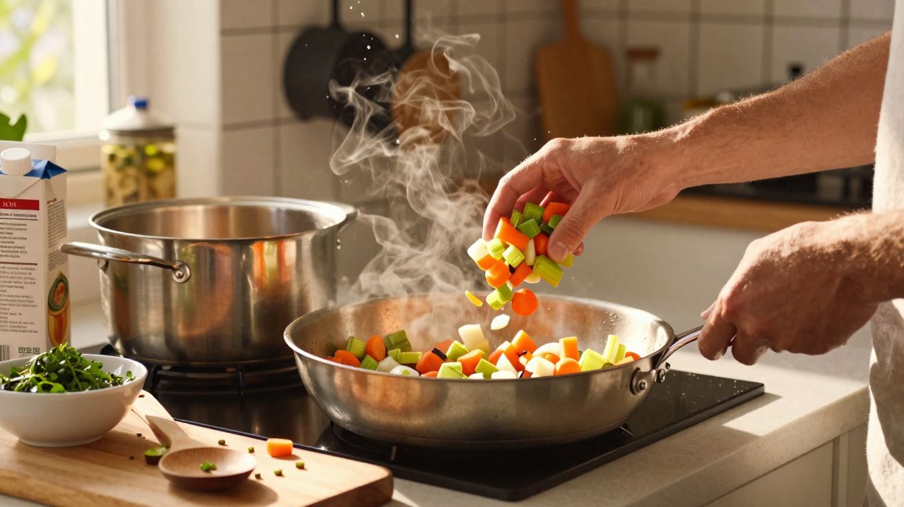 Mână adăugând legume tăiate în tigaie cu aburi pe aragaz într-o bucătărie luminoasă.