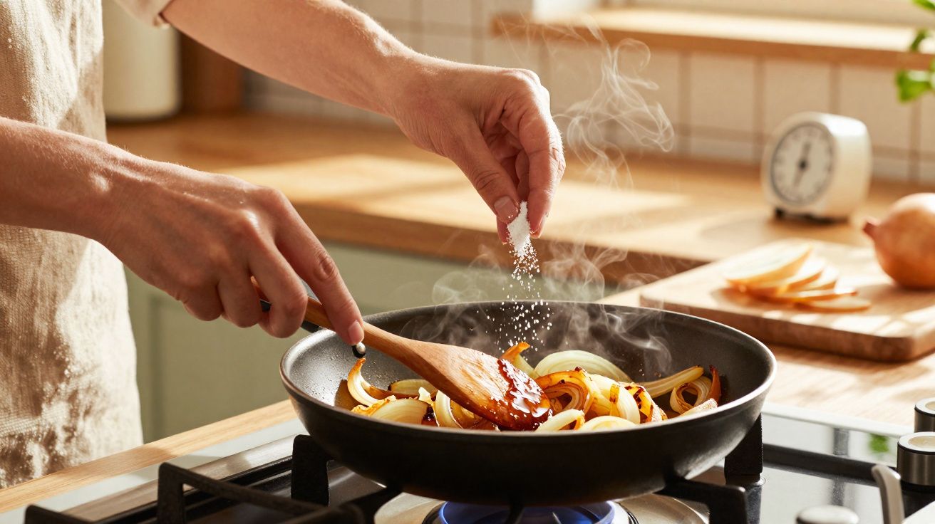Persoană adăugând condimente cepei sotate într-o tigaie pe aragaz, cu abur ridicându-se.
