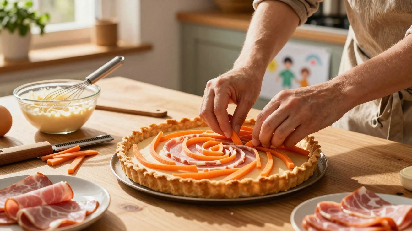 Persoană pregătind o tartă sărată cu felii de morcov și șuncă pe blat într-o bucătărie luminoasă.