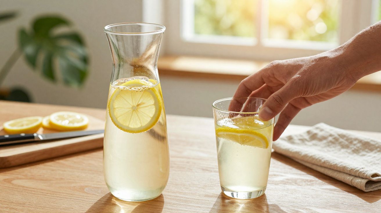 Carafă și pahar cu apă cu felii de lămâie pe masă, mâna apucând paharul lângă fereastră.