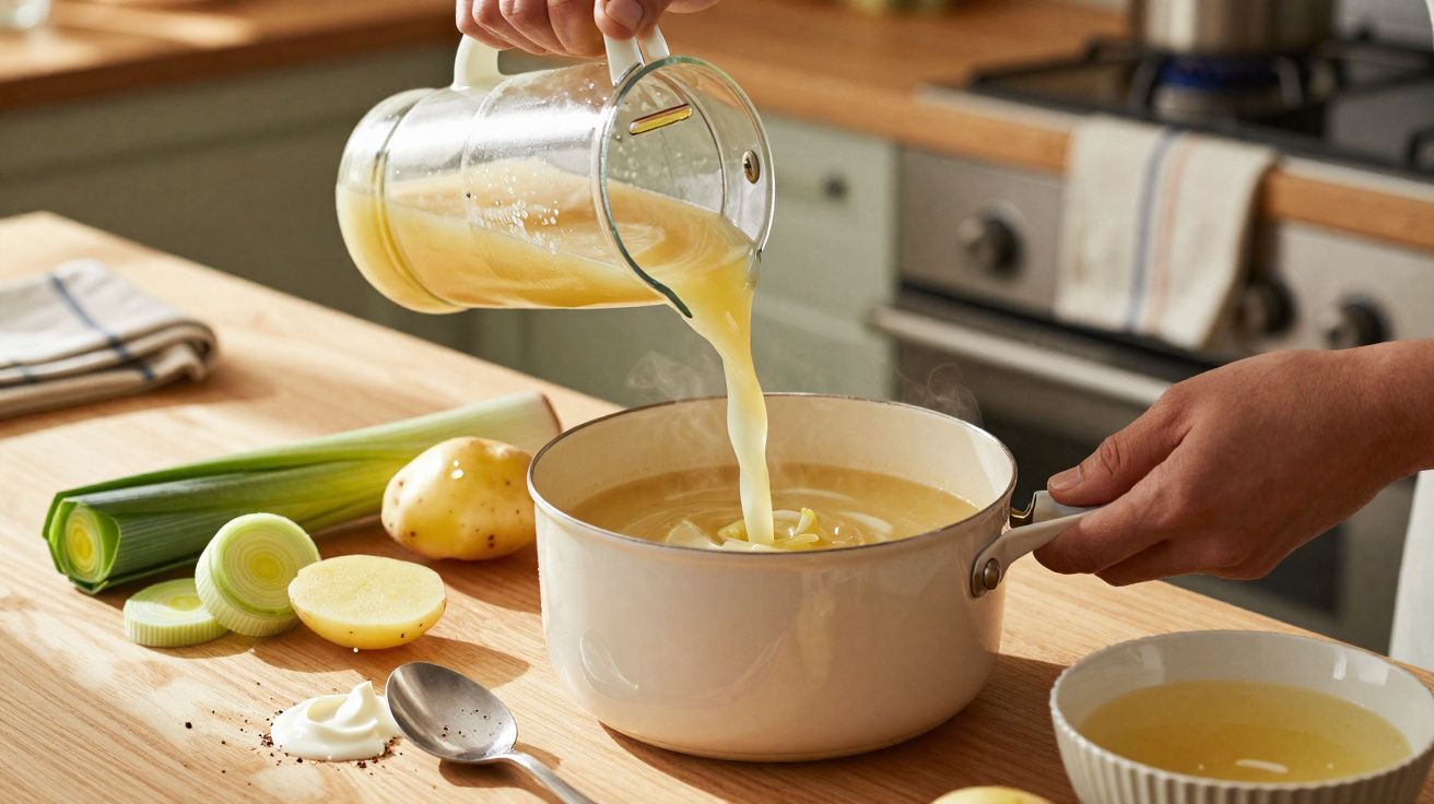 O mână toarnă supă fierbinte dintr-un blender într-o cratiță alături de legume proaspete pe masă.