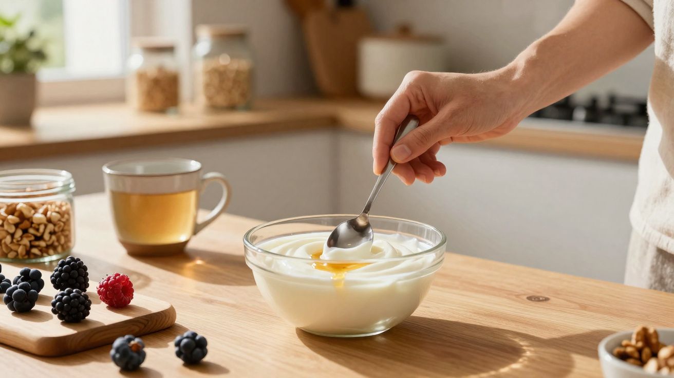 Mână amestecând miere în bol de iaurt pe masă de lemn, alături de fructe de pădure și ceai.
