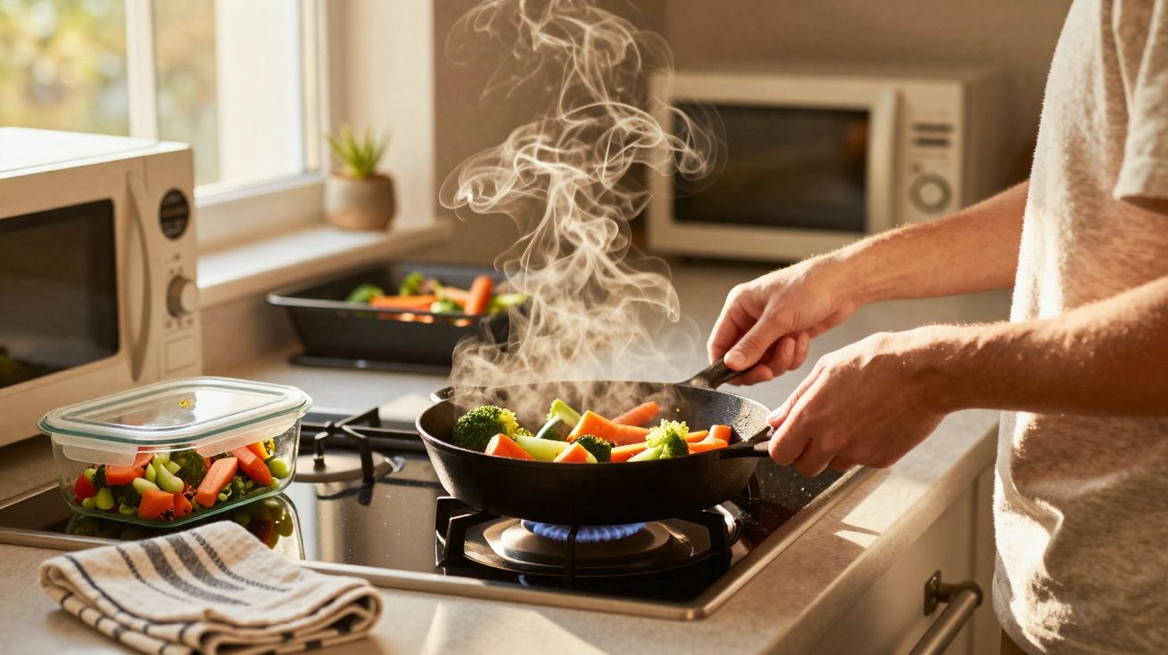 Persoană gătește legume la tigaie pe aragaz în bucătărie luminoasă, abur ridicându-se.