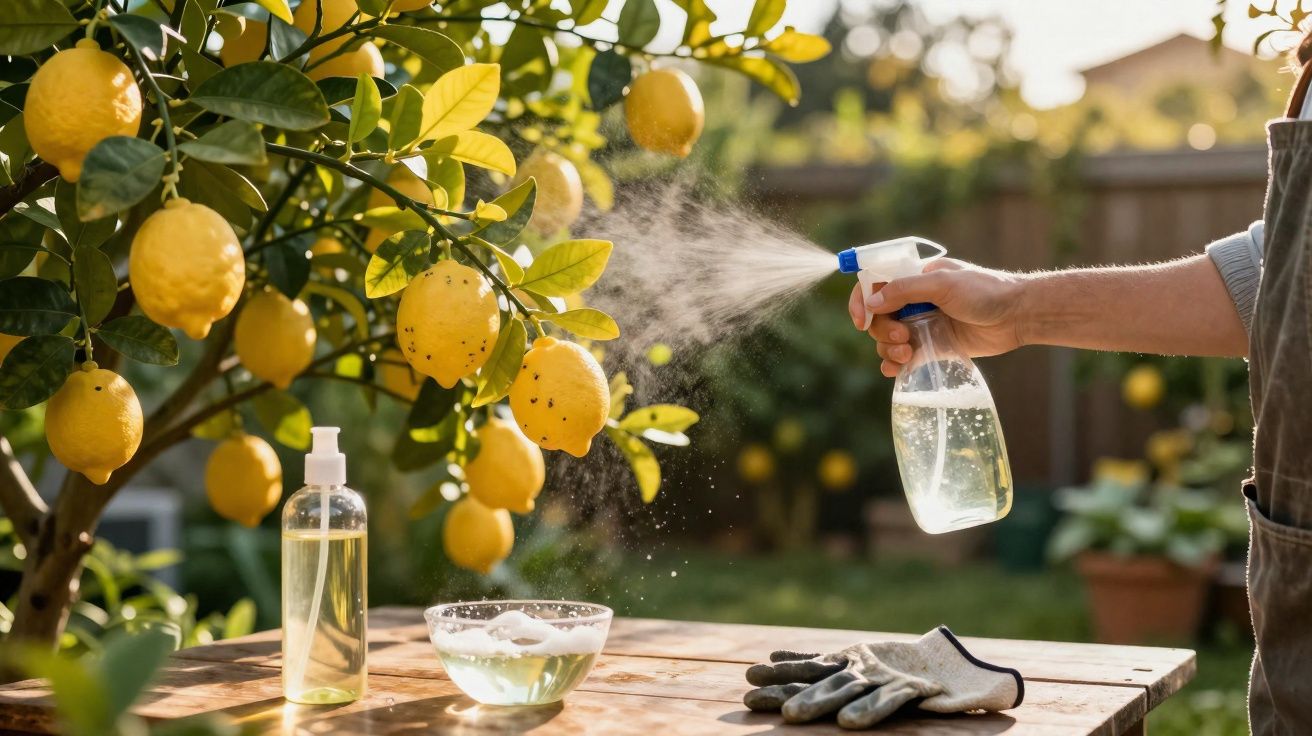 Persoană stropește cu pulverizator ramură cu lămâi galbene într-o grădină luminoasă.