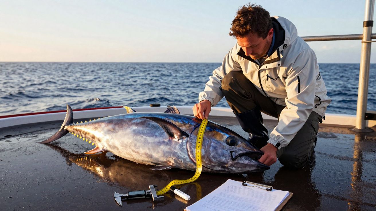 Bărbat măsoară un ton înaripat pescuit pe puntea unei bărci pe mare.