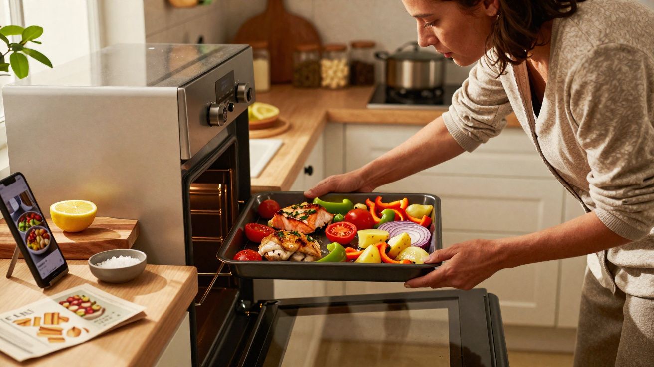 Femeie punând o tavă cu legume și pui la cuptor într-o bucătărie luminoasă, urmărind o rețetă pe telefon.
