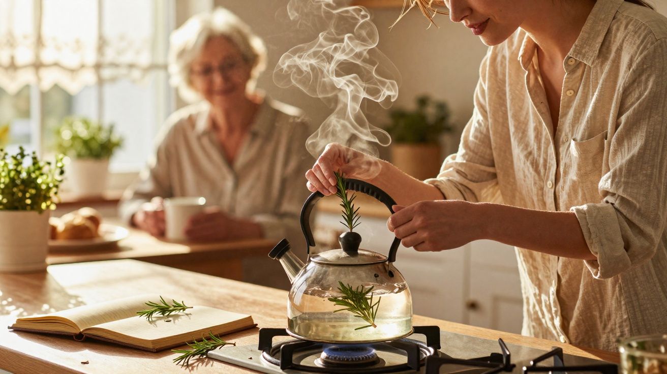 Femeie pregătind ceai cu plante aromatice la aragaz, în bucătărie, o persoană în vârstă stă în fundal.