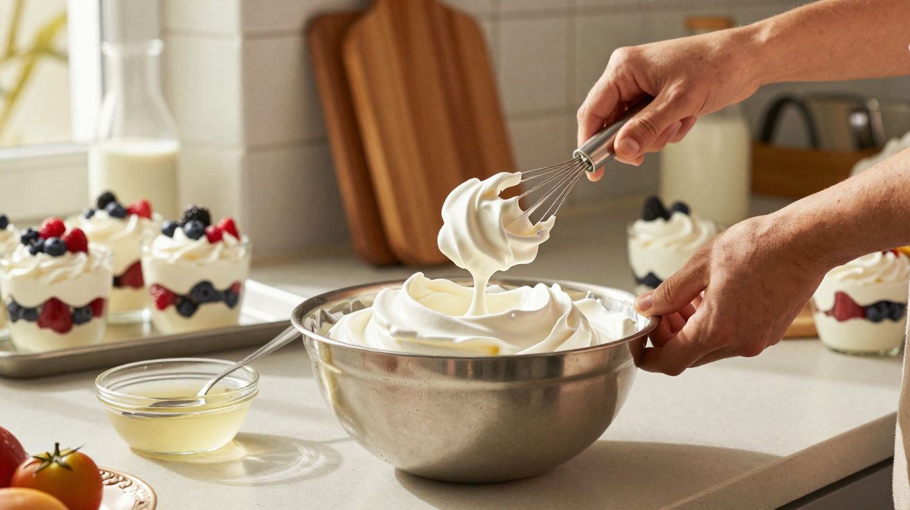 Mână mixând frișcă într-un bol de metal, cu deserturi cu fructe în fundal pe blat de bucătărie.