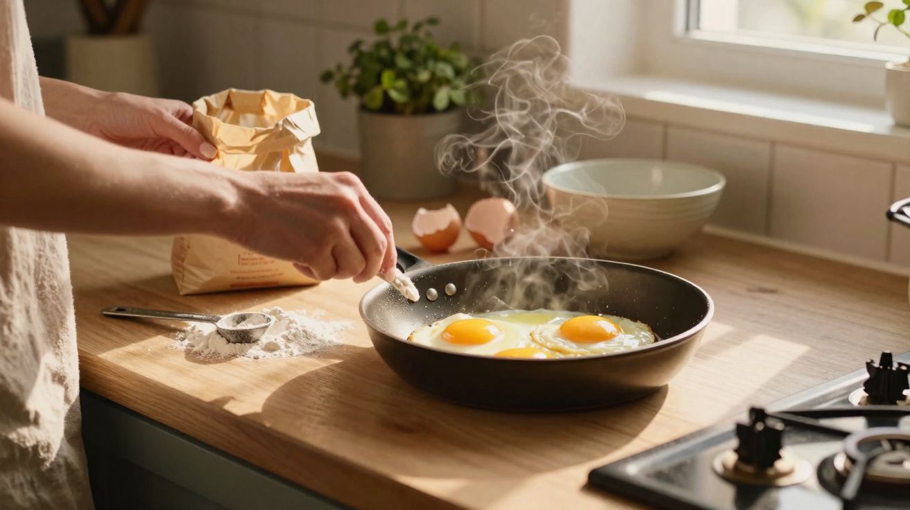 Persoană adăugând condimente la trei ouă prăjite în tigaie, pe o blatul de bucătărie luminat natural.