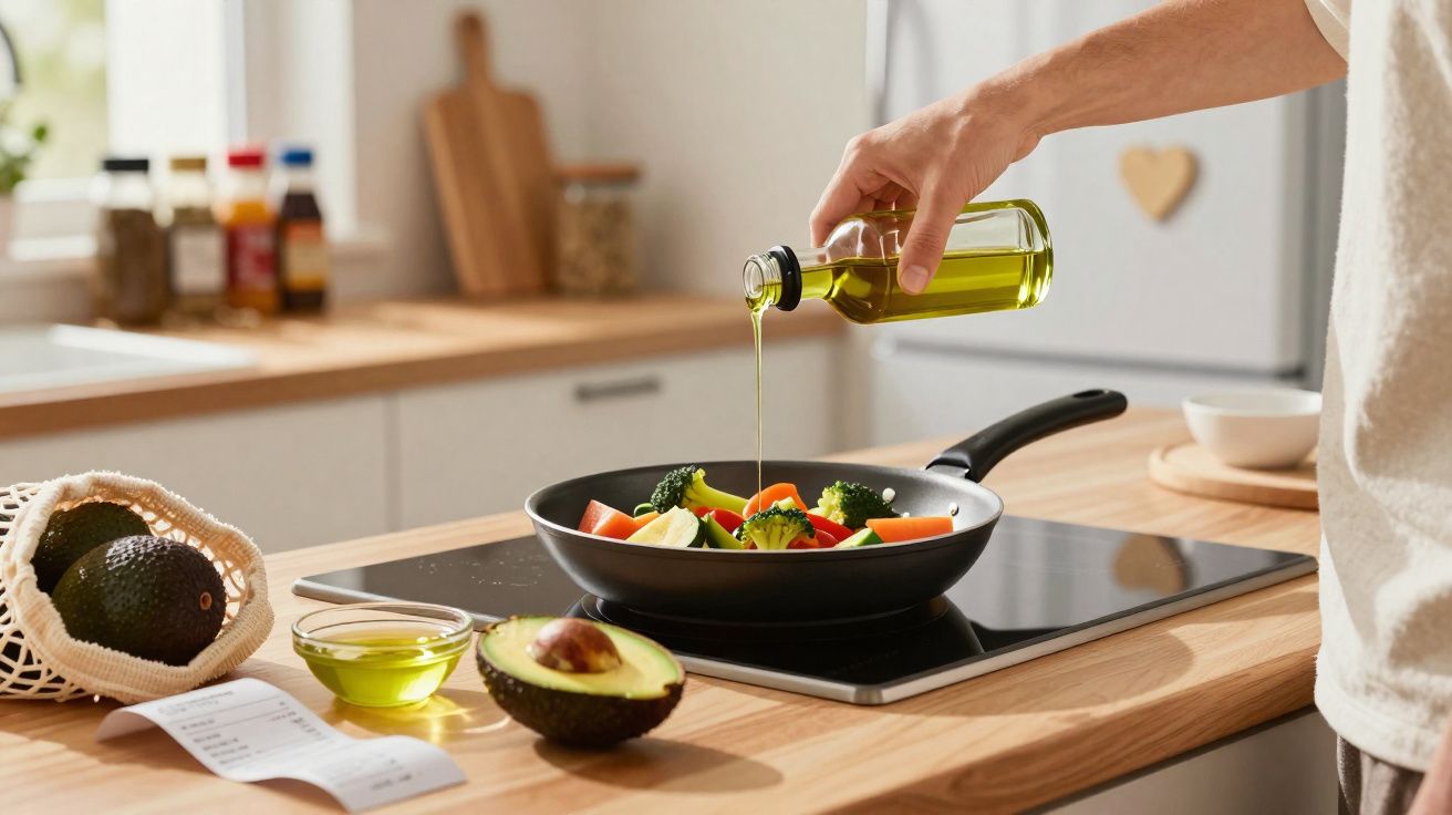 Persoană toarnă ulei de măsline într-o tigaie cu legume într-o bucătărie modernă.