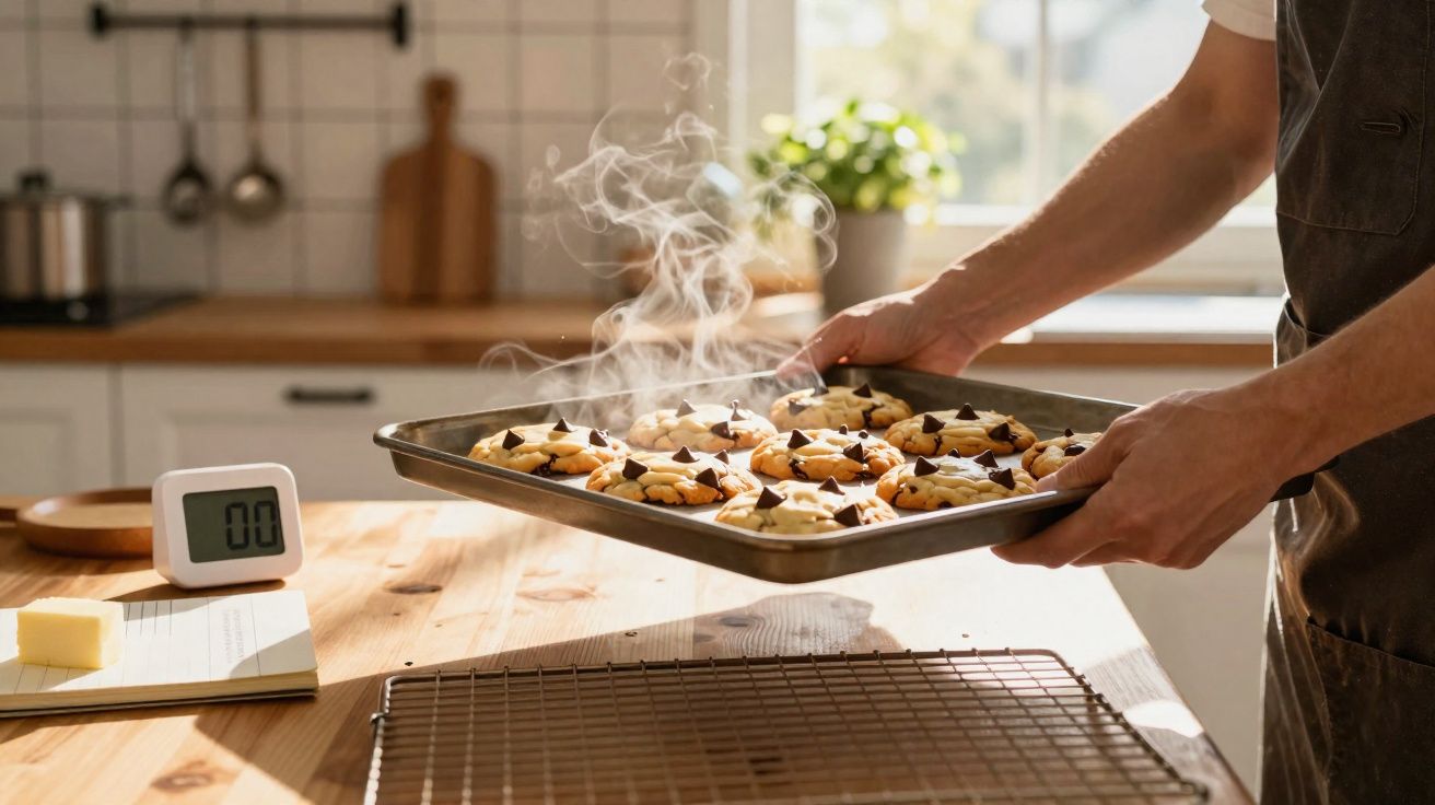 Mână scoate un tavă cu fursecuri aburinde din cuptor într-o bucătărie luminoasă.