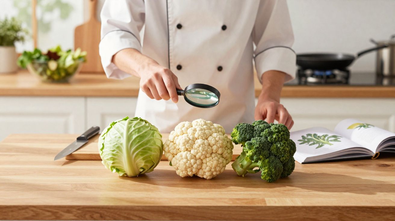 Bucătar analizează varză, conopidă și broccoli pe o masă de lemn cu o lupă în bucătărie.