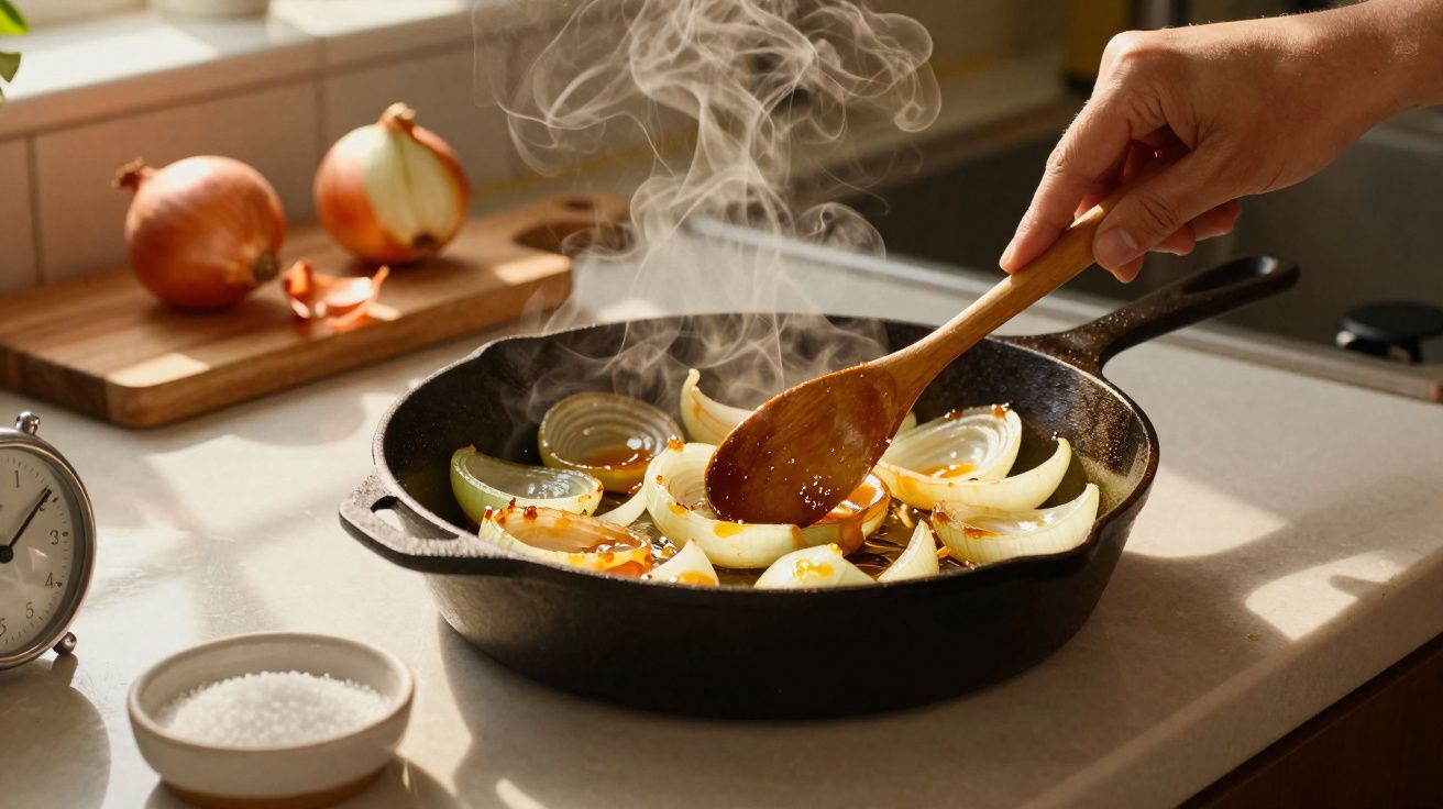 Ceapă tăiată în tigaie de fontă, prăjită și amestecată cu lingură de lemn, în bucătărie luminată natural.