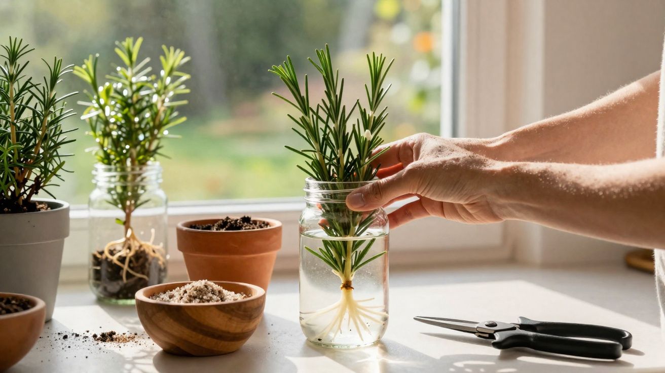Mână care plantează o ramură de rozmarin în apă într-un borcan, lângă ghivece și o foarfecă, pe pervaz.